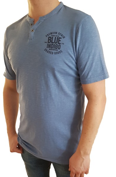 T-Shirt KITARO -Blau mit V-Knopfleiste, in extra lang