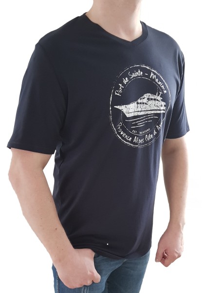 T-Shirt KITARO -Marine mit V-Ausschnitt, in extra lang