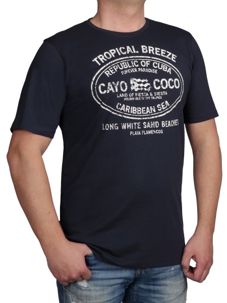 T-Shirt KITARO Dunkel-Blau mit Aufdruck-- EXTRALANG