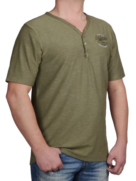 T-Shirt KITARO V-Ausschnitt mit Knopfleiste Olive-- extra lang