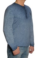 Langarm T-Shirt KITARO, Blau Rundhals mit Knopfleiste- EXTRALANG