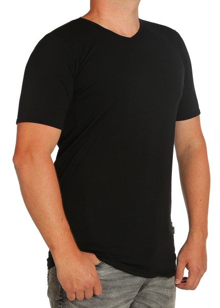 K I T A R O- T-Shirt (stretch ) Kurzarm - V-Ausschnit, schwarz-- extra lang